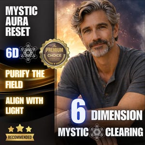 Può includere: Immagine promozionale per "Mystic Aura Reset" con testo tra cui "6D", "Purify the Field" e "Align with Light". È presente un uomo con capelli grigi e barba. Lo sfondo ha un design dorato e nero.