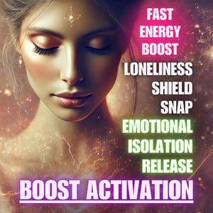 Peut inclure: Illustration numérique d'une femme aux yeux fermés, ornée d'un bijou de front. L'image présente un schéma de couleurs chaudes et dorées avec un texte superposé : "Fast Energy Boost, Loneliness Shield, Snap, Emotional Isolation Release, Boost Activation."