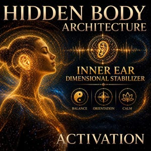 May include: Digital art featuring a woman's silhouette with glowing golden energy lines. Text includes "Hidden Body Architecture," "Inner Ear Dimensional Stabilizer," and symbols for balance, orientation, and calm. The background is dark with blue and gold accents.