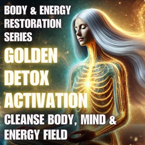 Peut inclure: Illustration numérique d'une femme aux cheveux argentés et à un champ d'énergie doré. Le texte superposé indique "BODY & ENERGY RESTORATION SERIES", "GOLDEN DETOX ACTIVATION" et "CLEANSE BODY, MIND & ENERGY FIELD".