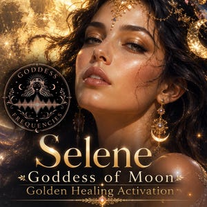 Puede incluir: Un gr&aacute;fico digital que muestra a una persona con cabello oscuro y joyas doradas, incluyendo un pendiente y un tocado de media luna. El texto dice: Goddess Frequencies, Selene, Goddess of Moon, Golden Healing Activation sobre un fondo de luna brillante.