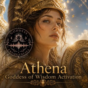Puede incluir: Una ilustraci&oacute;n digital que muestra a una figura con un casco dorado con hojas de laurel, sosteniendo un escudo con un emblema de b&uacute;ho. El texto dice Goddess Frequencies, Athena y Goddess of Wisdom Activation. Se ve una estatua.