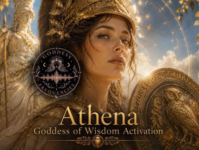 Puede incluir: Una ilustraci&oacute;n digital que muestra a una figura con un casco dorado con hojas de laurel, sosteniendo un escudo con un emblema de b&uacute;ho. El texto dice Goddess Frequencies, Athena y Goddess of Wisdom Activation. Se ve una estatua.