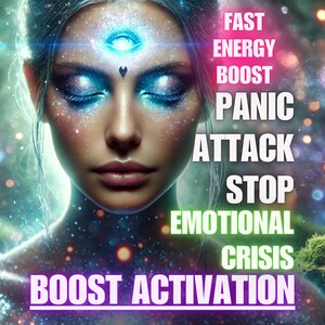 Könnte beinhalten: Digitales Kunstwerk einer Frau mit geschlossenen Augen, verziert mit blauem und silbernem Glitzer-Make-up. Text-Overlay mit "FAST ENERGY BOOST, PANIC ATTACK STOP, EMOTIONAL CRISIS, BOOST ACTIVATION" und einem leuchtenden Augensymbol.