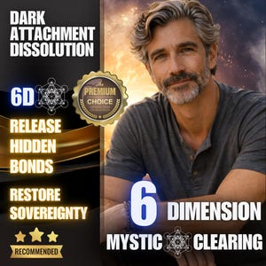 Może przedstawiać: Obraz przedstawia mężczyznę z siwymi włosami i brodą, z nakładką tekstową: "DARK ATTACHMENT DISSOLUTION", "6D", "RELEASE HIDDEN BONDS", "RESTORE SOVEREIGNTY" i "6 DIMENSION MYSTIC CLEARING". Obecna jest również odznaka "PREMIUM CHOICE".