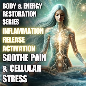 以下が含まれることがあります： デジタルアート。ロータス位で瞑想する女性が描かれ、体には光るエネルギーラインが走る。「BODY & ENERGY RESTORATION SERIES」の文字と、「INFLAMMATION RELEASE ACTIVATION SOOTHE PAIN & CELLULAR STRESS」の効能が示されている。