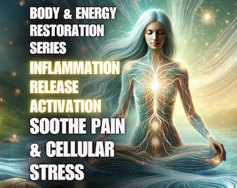 May include: Digital art featuring a woman meditating in a lotus position, with glowing energy lines throughout her body. Text overlay reads "BODY & ENERGY RESTORATION SERIES" and lists benefits like "INFLAMMATION RELEASE ACTIVATION SOOTHE PAIN & CELLULAR STRESS."