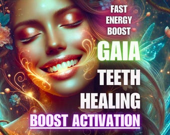 May include: Digital art of a woman smiling with closed eyes, with text that reads "Fast Energy Boost, Gaia, Teeth Healing, Boost Activation". The image has a fantasy theme with glowing accents.