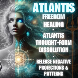 May include: Digital art featuring a woman with flowing hair and glowing blue eyes, with the word "ATLANTIS" in large, illuminated text. Additional text includes "FREEDOM," "HEALING," and "RELEASE NEGATIVE PROJECTIONS & PATTERNS."