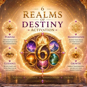 May include: A golden graphic titled 6 Realms of Destiny Activation featuring a central circular emblem with six landscape scenes and a large number 6. Flanked by two tall pink crystals on pillars, the design includes text for Purpose, Guidance, Manifestation, and Growth.