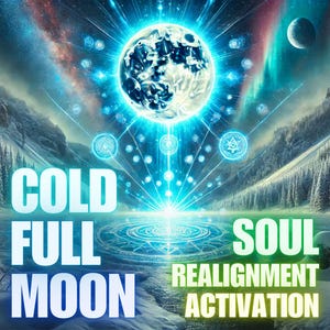 Op de afbeelding: Digitale kunst met een stralende bol, omringd door lichtstralen en geometrische vormen. De tekst luidt "COLD FULL MOON" en "SOUL REALIGNMENT ACTIVATION". Op de achtergrond besneeuwde bergen en een meer, wat een hemelse sfeer creëert.