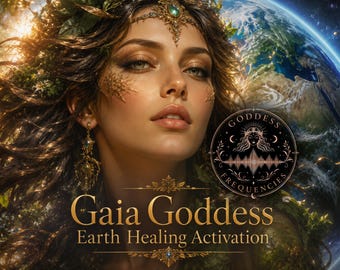 May include: A digital illustration featuring a woman with flowing hair adorned with greenery, set against a view of Earth from space. A circular black emblem displays the text Goddess Frequencies, with the words Gaia Goddess Earth Healing Activation below.
