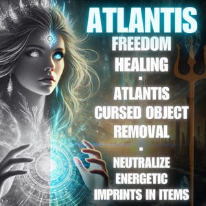 Può includere: Opera d'arte digitale raffigurante una donna con occhi blu luminosi e un tridente. La parola "ATLANTIS" è visualizzata in grandi lettere luminose, insieme ad altro testo. L'immagine ha un tema mistico ed etereo.