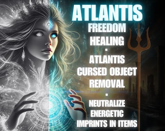 May include: Digital art featuring a woman with glowing blue eyes and a trident. The word "ATLANTIS" is displayed in large, glowing letters, along with other text. The image has a mystical and ethereal theme.