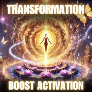 Op de afbeelding: Digitale kunst met de woorden "TRANSFORMATION" en "BOOST ACTIVATION". Een stralende figuur staat in het midden, omringd door wervelend licht en vlinders. Roze lotusbloemen sieren een platform met meerdere niveaus.
