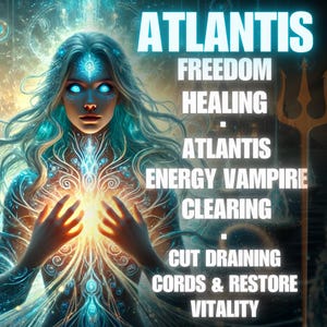 May include: Digital art featuring a woman with blue eyes and flowing blue hair, radiating light from her hands. The image includes text: "ATLANTIS FREEDOM HEALING ATLANTIS ENERGY VAMPIRE CLEARING CUT DRAINING CORDS & RESTORE VITALITY."