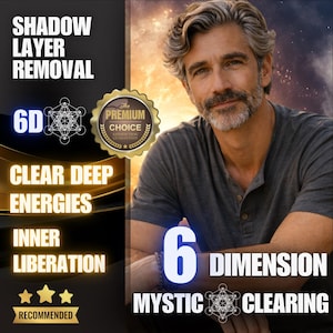 Può includere: Immagine promozionale per servizi spirituali. Presenta un uomo con capelli grigi e barba, sullo sfondo di un tramonto. Il testo include "Shadow Layer Removal", "Clear Deep Energies" e "6 Dimension Mystic Clearing". Un sigillo d'oro recita "Premium Choice".