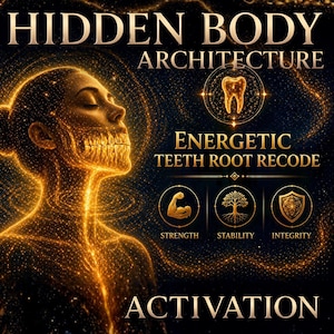May include: A digital art image with a woman's silhouette glowing in gold, with the words "Hidden Body Architecture" and "Energetic Teeth Root Recode." Icons for strength, stability, and integrity are also present.