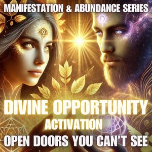 Może przedstawiać: Cyfrowa grafika przedstawiająca dwie postacie z promieniejącymi oczami i złotymi akcentami, otoczone światłem. Tekst: "Manifestation & Abundance Series", "Divine Opportunity Activation" i "Open Doors You Can't See."