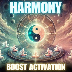 May include: Digital artwork with the word "HARMONY" above a circular design with a yin-yang symbol. The image includes figures in meditation and the text "BOOST ACTIVATION". The colour palette includes blues, pinks, and golds.