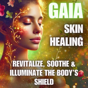 May include: Digital art featuring a woman with closed eyes, adorned with flowers and glowing golden accents. The image includes the text "GAIA SKIN HEALING" and "REVITALIZE, SOOTHE & ILLUMINATE THE BODY'S SHIELD."