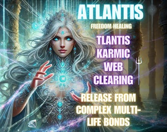 May include: Digital art featuring a woman with long, flowing silver hair and blue eyes, adorned with intricate jewelry. The image has text that reads "ATLANTIS" and "FREEDOM HEALING", along with other phrases related to spiritual concepts. The artwork has a mystical and ethereal theme.