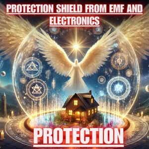 May include: Digital art depicting a house within a protective energy field, with an angel and celestial symbols. The image features the text "PROTECTION SHIELD FROM EMF AND ELECTRONICS" and "PROTECTION" in red.