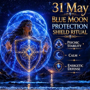 May include: Digital art featuring a woman in a blue gown, hands raised, with a shield in front of her. The image includes text: "31 May Blue Moon Protection Shield Ritual" and symbols for psychic stability, calm, and energetic defense.