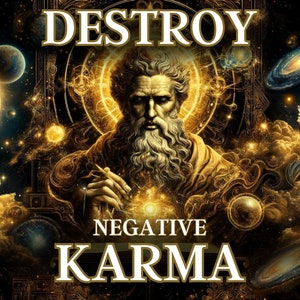 May include: A digital art image of a bearded man with a pen in his hand, surrounded by planets and galaxies. The text "DESTROY NEGATIVE KARMA" is written in gold letters.