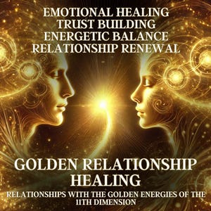 Può includere: Due figure dorate si fronteggiano con gli occhi chiusi. Lo sfondo è un motivo a spirale di oro e bianco. Il testo recita "Guarigione emotiva, Costruzione della fiducia, Equilibrio energetico, Rinnovamento delle relazioni, Guarigione delle relazioni dorate, Relazioni con le energie dorate della 11a dimensione."
