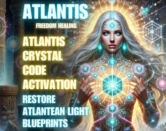 May include: Digital art featuring a woman with long silver hair and blue eyes, adorned with turquoise jewelry. The image has text that reads "Atlantis, Freedom Healing, Crystal Code, Activation, Restore Atlantean Light Blueprints."