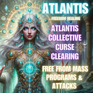 May include: Digital art featuring a woman with long silver hair and blue eyes, adorned with turquoise jewelry and a crown. The image includes the text "ATLANTIS" and phrases like "Freedom Healing" and "Curse Clearing."