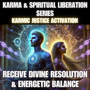 Può includere: Immagine di arte digitale con testo: "Karma & Spiritual Liberation Series, Karmic Justice Activation, Receive Divine Resolution & Energetic Balance." L'immagine presenta due figure con energia blu brillante, collegate da catene, su uno sfondo cosmico.