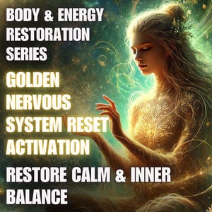 May include: Digital art featuring a woman with flowing hair and intricate golden patterns, set against a teal and green background. Text includes "BODY & ENERGY RESTORATION SERIES" and "RESTORE CALM & INNER BALANCE."