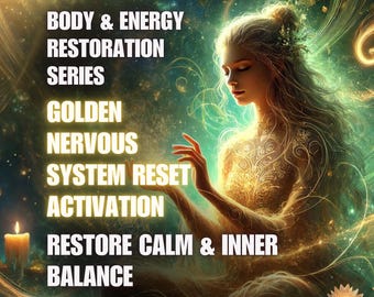 May include: Digital art featuring a woman with flowing hair and intricate golden patterns, set against a teal and green background. Text includes "BODY & ENERGY RESTORATION SERIES" and "RESTORE CALM & INNER BALANCE."