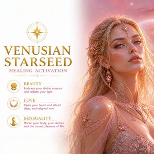 Puede incluir: Imagen artística de una mujer con cabello rubio largo y un vestido rosa. El texto "VENUSIAN STARSEED HEALING ACTIVATION" se muestra, junto con las palabras "BELLEZA", "AMOR" y "SENSUALIDAD". El fondo presenta una escena celestial con un planeta.