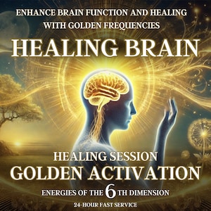 May include: A digital illustration of a human head with a glowing brain, surrounded by golden light and energy. The text "HEALING BRAIN" is in large, bold letters at the top of the image. Below the head, the text "HEALING SESSION GOLDEN ACTIVATION ENERGIES OF THE 6TH DIMENSION 24-HOUR FAST SERVICE" is displayed.