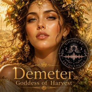 Puede incluir: Una ilustraci&oacute;n digital de una persona con cabello largo y ondulado adornado con una corona dorada de trigo y hojas, con pendientes de oro. El texto dice Demeter Goddess of Harvest y Goddess Frequencies.