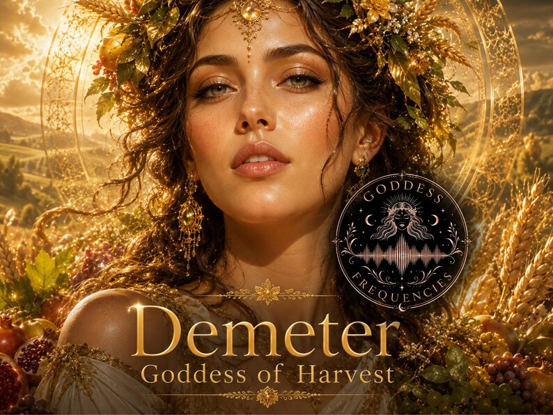 Puede incluir: Una ilustraci&oacute;n digital de una persona con cabello largo y ondulado adornado con una corona dorada de trigo y hojas, con pendientes de oro. El texto dice Demeter Goddess of Harvest y Goddess Frequencies.