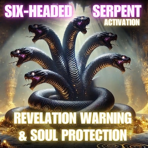 Puede incluir: Ilustración digital de una serpiente de seis cabezas con bocas abiertas, sobre un fondo dorado y cavernoso. El texto dice "SIX-HEADED SERPENT ACTIVATION" y "REVELATION WARNING & SOUL PROTECTION".