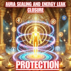 May include: Digital artwork depicting a glowing figure within concentric energy rings, surrounded by candles and ornate architecture. Text at the top reads "AURA SEALING AND ENERGY LEAK CLOSURE" and at the bottom "PROTECTION".