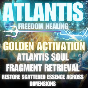 Może przedstawiać: Grafika cyfrowa z napisem "ATLANTIS" dużymi, jasnoniebieskimi literami. Inne teksty to "FREEDOM HEALING", "GOLDEN ACTIVATION", "ATLANTIS SOUL", "FRAGMENT RETRIEVAL" i "RESTORE SCATTERED ESSENCE ACROSS DIMENSIONS". Obecny jest również trójząb.