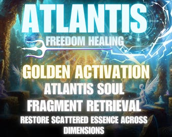 Könnte beinhalten: Digitales Kunstwerk mit dem Wort "ATLANTIS" in großen, hellblauen Buchstaben. Weitere Texte sind "FREEDOM HEALING", "GOLDEN ACTIVATION", "ATLANTIS SOUL", "FRAGMENT RETRIEVAL" und "RESTORE SCATTERED ESSENCE ACROSS DIMENSIONS". Ein Dreizack-Grafik ist ebenfalls vorhanden.