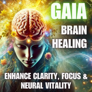 Puede incluir: Ilustración digital de una mujer con un cerebro brillante y elementos florales. El texto dice "GAIA BRAIN HEALING" y "ENHANCE CLARITY, FOCUS & NEURAL VITALITY". La imagen tiene una calidad mística y etérea con colores vibrantes.