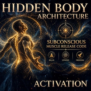 Op de afbeelding: Digitale illustratie van een gespierde figuur met gouden energie tegen een donkerblauwe kosmische achtergrond. Tekst bevat "HIDDEN BODY ARCHITECTURE" en "SUBCONSCIOUS MUSCLE RELEASE CODE" met iconen voor Relax, Unwind en Freedom.