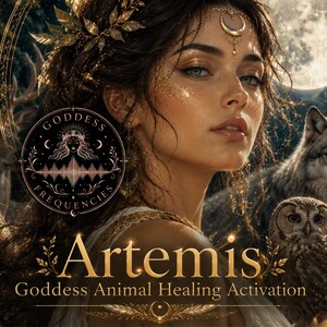 Puede incluir: Una ilustraci&oacute;n digital que muestra a una mujer con tocado dorado, un lobo, un b&uacute;ho y un ciervo. Un logotipo circular muestra el texto Goddess Frequencies. Debajo, el texto dice Artemis Goddess Animal Healing Activation en letras doradas.