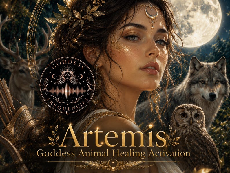 Puede incluir: Una ilustraci&oacute;n digital que muestra a una mujer con tocado dorado, un lobo, un b&uacute;ho y un ciervo. Un logotipo circular muestra el texto Goddess Frequencies. Debajo, el texto dice Artemis Goddess Animal Healing Activation en letras doradas.