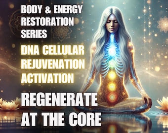 May include: Digital art featuring a woman in a meditative pose, with glowing energy centers and a radiant aura. Text reads "BODY & ENERGY RESTORATION SERIES" and "DNA CELLULAR REJUVENATION ACTIVATION REGENERATE AT THE CORE."