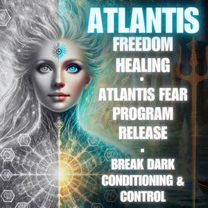 May include: Digital artwork depicting a woman's face divided, with one side in monochrome and the other in colour. Text includes "ATLANTIS", "FREEDOM", "HEALING", and "BREAK DARK CONDITIONING & CONTROL". A trident is visible.