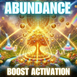 Puede incluir: Ilustración digital con las palabras "ABUNDANCE" y "BOOST ACTIVATION". La imagen presenta un árbol dorado, cascadas y un arcoíris, con monedas y orbes brillantes en un paisaje fantástico.